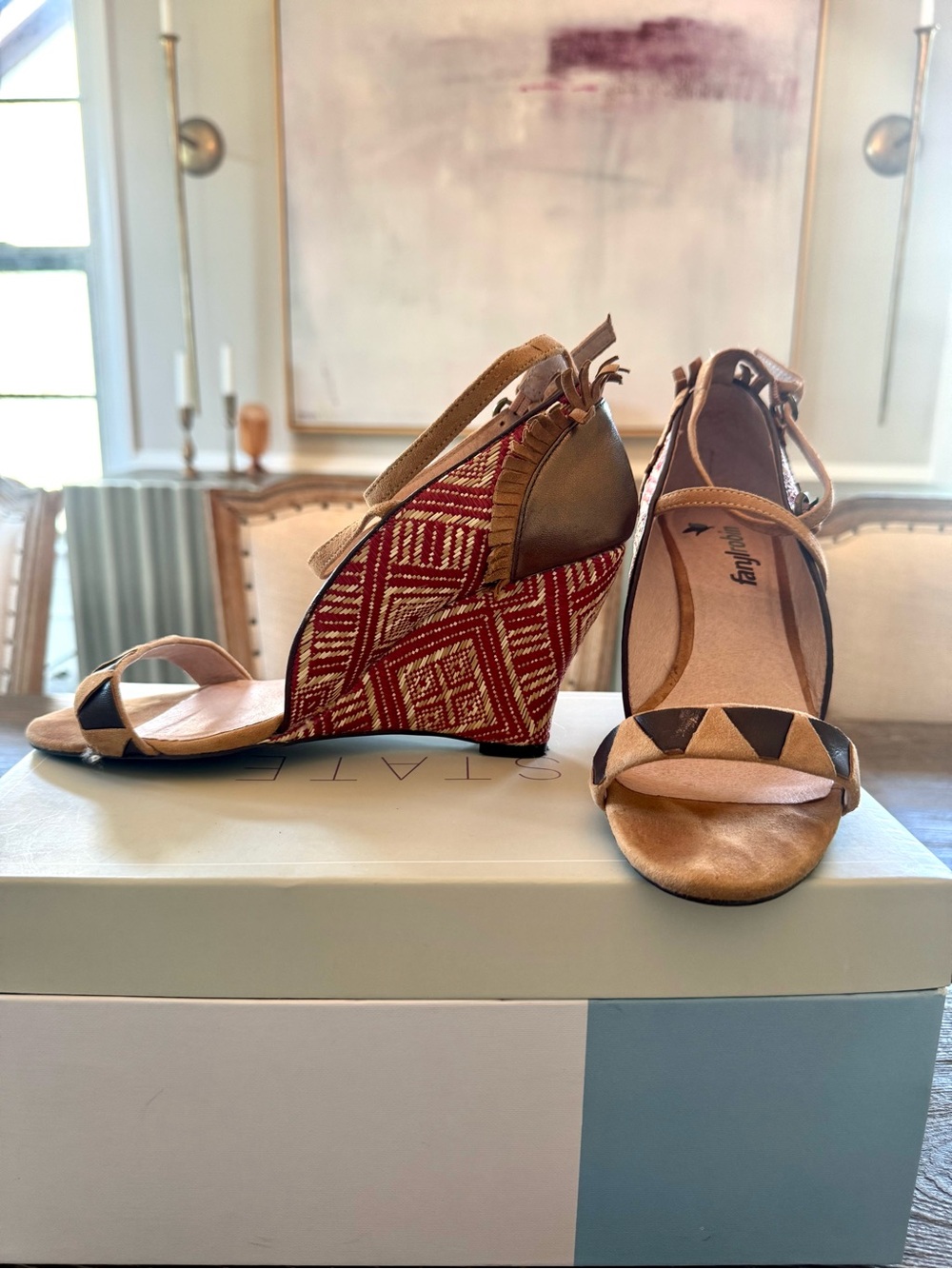 Anthropologie Farylrobin Red Patterned Wedge Sandals with Tan Straps